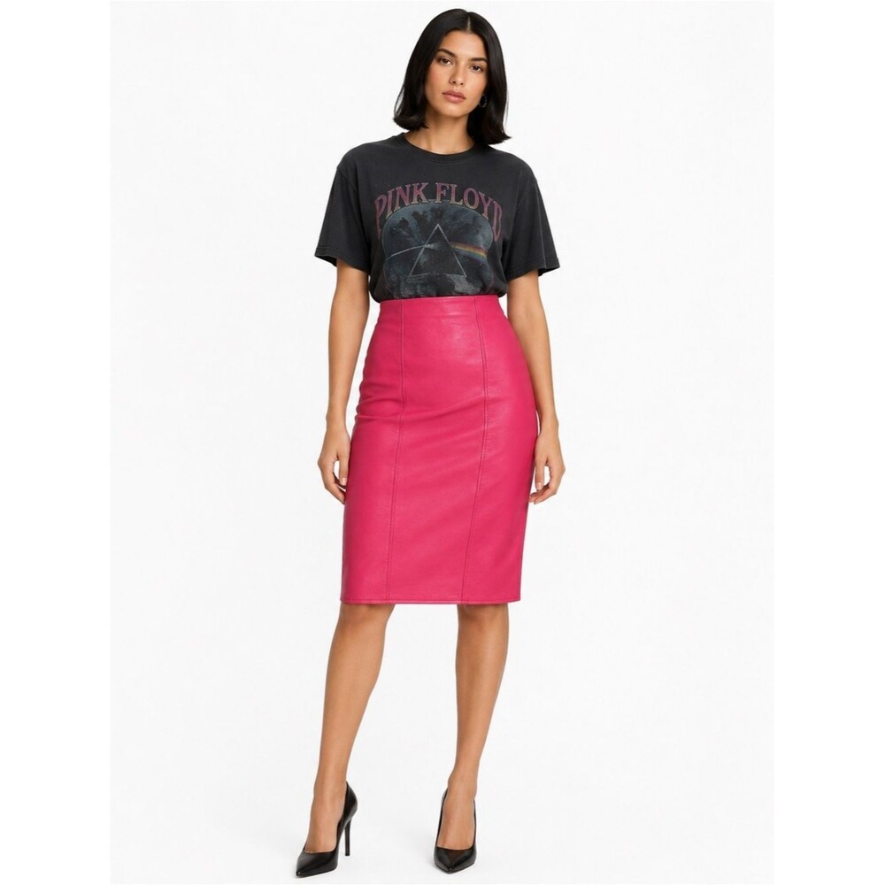 Vakko Vintage Hot Pink Red Leather Pencil Skirt Size 8 High Waist Midi Minimal